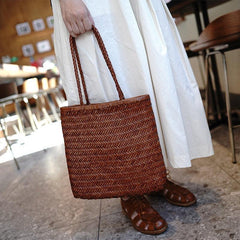 Italy Leather Woven Hobo Rectangle Tote Bag, Summer Beach Bag, Full Grain Leather Triple Jump Bamboo HandBag, Handcrafted Basket Bag