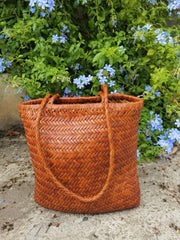 Italy Leather Woven Hobo Rectangle Tote Bag, Summer Beach Bag, Full Grain Leather Triple Jump Bamboo HandBag, Handcrafted Basket Bag, Light Brown