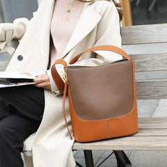 Khaki & Brown Leather Shoulder Bag, Khaki Brown Women Minimalist Handbag, Two-tone Bucket Bag, Women Tote Chic bag