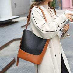 Khaki & Brown Leather Shoulder Bag, Khaki Brown Women Minimalist Handbag, Two-tone Bucket Bag, Women Tote Chic bag