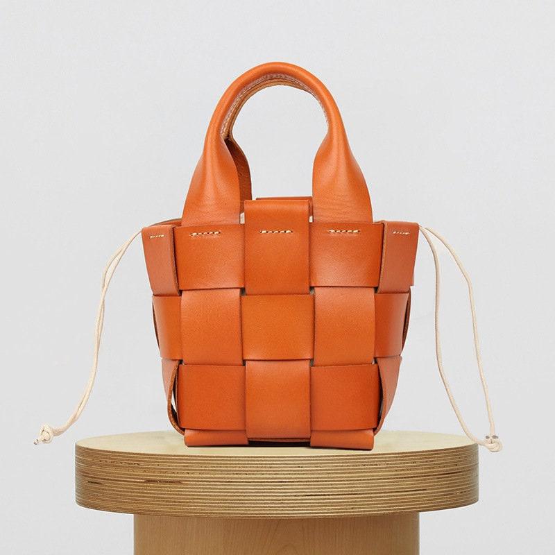 Knotted Intrecciato Leather Bucket Bag, Small Purse Vegetable Tanned Leather, Original Handmade Woven Bag, Luxury Designer Shoulder Bag