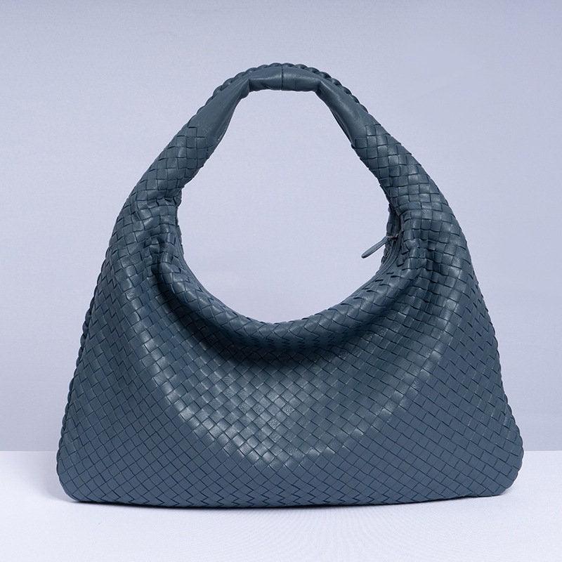 Lambskin Hobo Bag | Italian Leather Handbag | Large Handwoven Laptop Bag, Woven Dumpling Bag, Leather Tote Bag, Black, Blue Working Bag