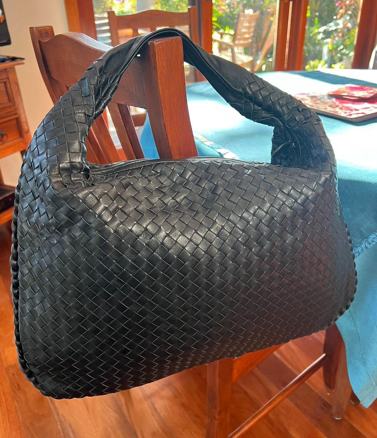 Lambskin Hobo Bag, Italian Leather Handbag, Large Handwoven Laptop Bag, Woven Dumpling Bag,  Leather Tote Bag, Black, Blue Working Bag