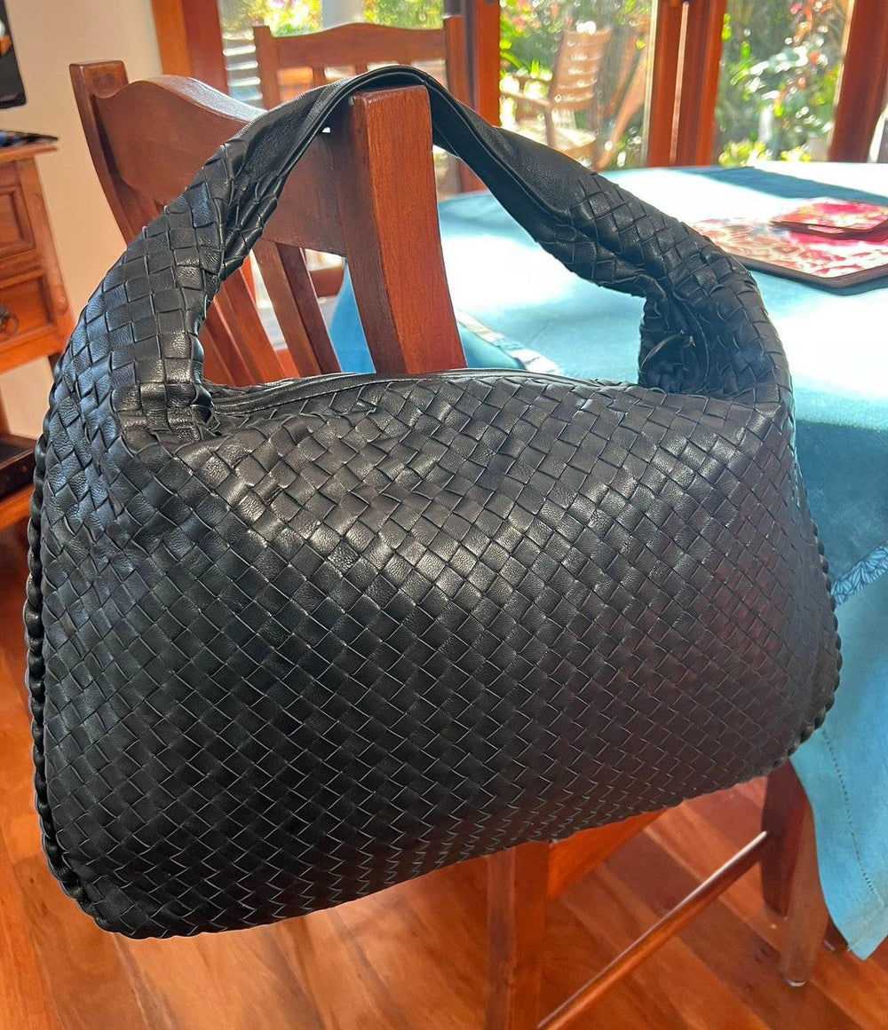 Lambskin Hobo Bag | Italian Leather Handbag | Large Handwoven Laptop Bag, Woven Dumpling Bag, Leather Tote Bag, Black, Blue Working Bag