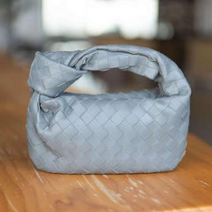 Lambskin Knotted Intrecciato Leather Handbag, Handcrafted Premium Quality Genuine Leather Handbag, Daily Fashion Lady Bag, Designer Bag, Grey