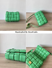 Lambskin Leather Quilted Elegant Shoulder Bag, Small Handwoven Leather Bag, Trendy Boutique Designer Bag, Classic Style Leather Bag, Gift, Grass Green