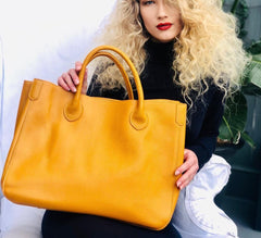 Extra Large Leather Tote Bag, Cowhide Leather Bag, Lady Fashion Bag Yellow, Leather Weekend Bag, Personalized Gifts