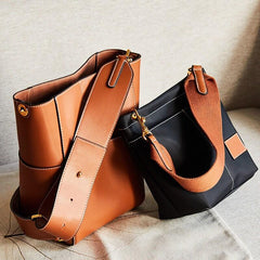 Large Genuine Leather Bucket Bag, Minimalist Classic Leather Tote Bag, Fashion Designer Shoulder Bag Wide Two Straps, Gift For Her
