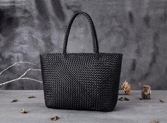 Large Genuine Leather Tote Bag, Woven Leather Handbag | Handwoven Triple Jump Bamboo Style Ladies Hobo Beach Bag, Weekend Shopping Bag