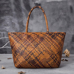 Large Genuine Leather Tote Bag, Woven Leather Handbag | Handwoven Triple Jump Bamboo Style Ladies Hobo Beach Bag, Weekend Shopping Bag