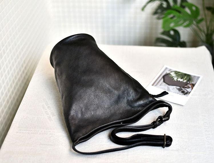 Large Handcrafted Bucket Bag, Leather Shoulder Bag Gift, Women Leather Casual Bag, Men Leather Bag, Brown/Black Retro Leather Bag