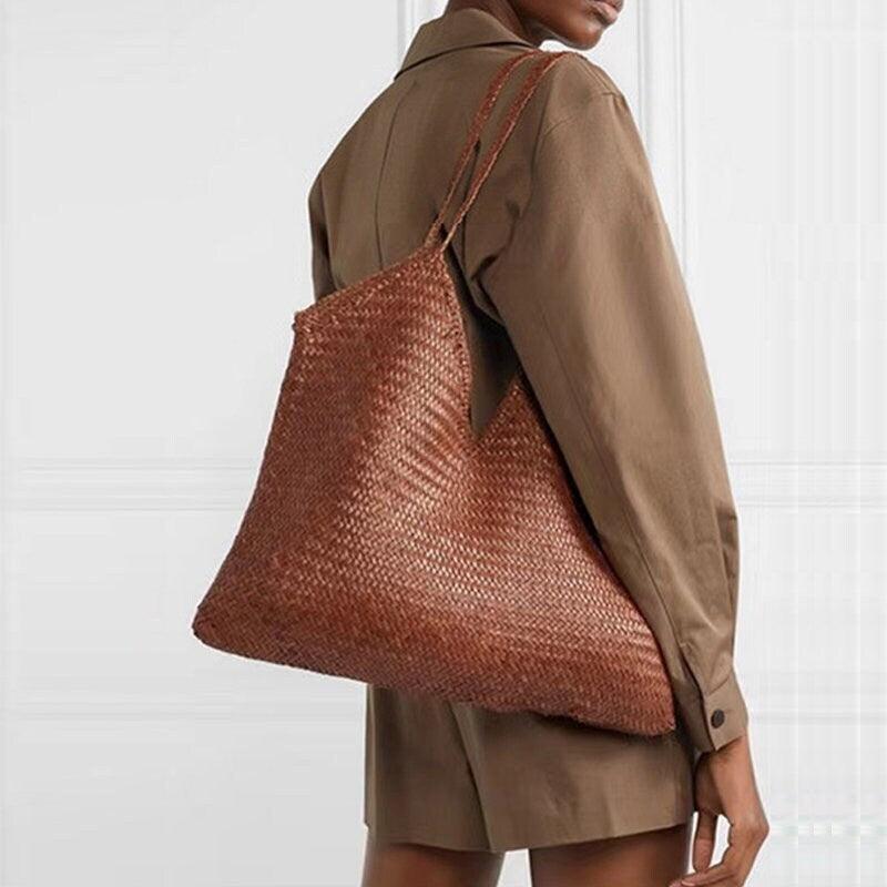 Large Italy Leather interwoven Hobo Tote Bag, Full Grain Leather Triple Bamboo Bag, Summer Beach Bag, Handcrafted Designer Basket Bag
