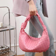 Large Lambskin Leather Knotted Intrecciato Handbag, Handcrafted Premium Quality Dumpling Bag, Daily Fashion Lady Bag, Designer Tote Bag, Pink