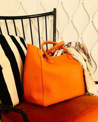 Large Leather Tote Bag, Cowhide Leather Bag, Must-have Lady Fashion Bag Yellow, Grain Leather Weekend Bag Orange, Personalized Gifts