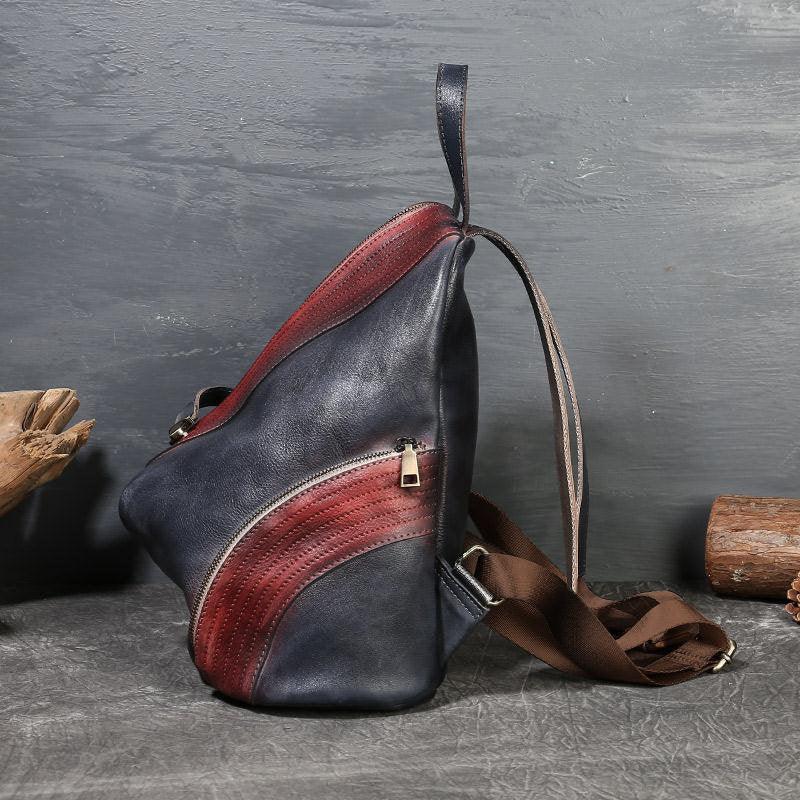 Small LEATHER BACKPACK Black Red, Handmade Leather Handbag, Bohemian Vintage Bag Women, Mini Leather Backpack Boho, Ethnic Leather Bag