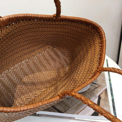 Leather Handbag Genuine Leather Bag Woven Leather Handbag | Hand Woven Triple Jump Bamboo Style Ladies Hobo Holiday Bag, Weekend Basket Bag