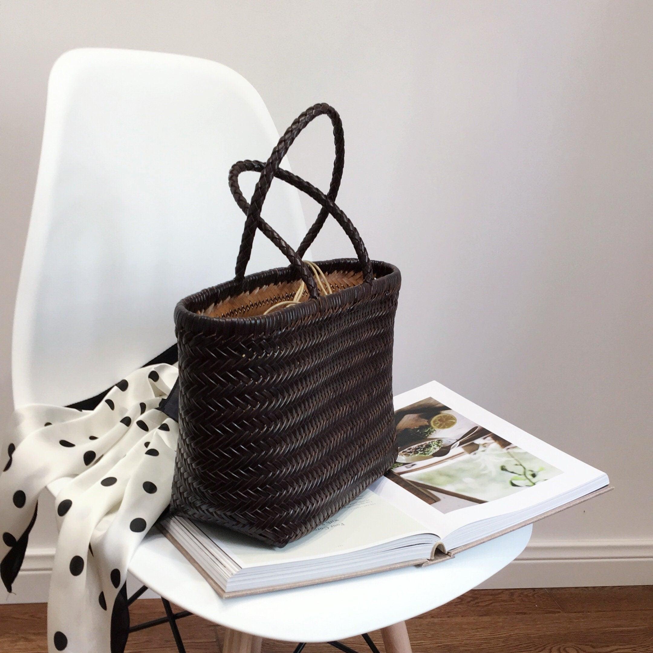 Leather Handbag Genuine Leather Bag Woven Leather Handbag | Hand Woven Triple Jump Bamboo Style Ladies Hobo Holiday Bag, Weekend Basket Bag