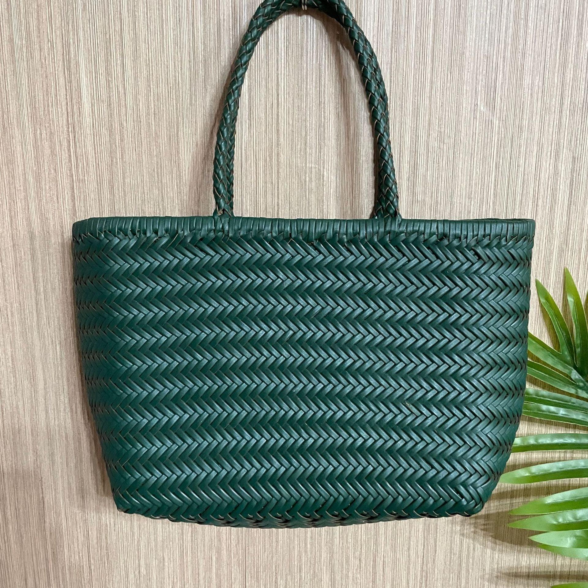 Leather Handbag Genuine Leather Bag Woven Leather Handbag | Hand Woven Triple Jump Bamboo Style Ladies Hobo Holiday Bag, Weekend Basket Bag