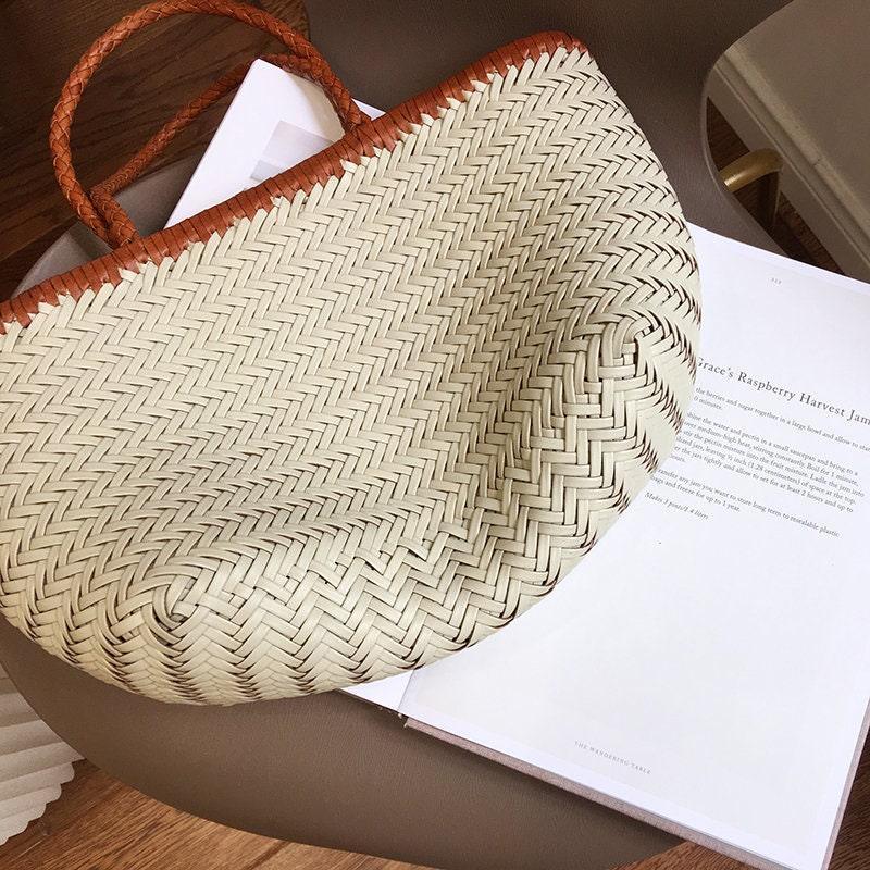 Leather Handbag Genuine Leather Bag Woven Leather Handbag | Hand Woven Triple Jump Bamboo Style Ladies Hobo Holiday Bag, Weekend Basket Bag