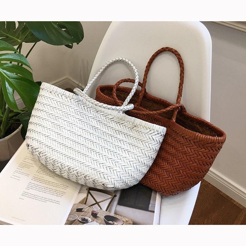Leather Handbag Genuine Leather Bag Woven Leather Handbag | Hand Woven Triple Jump Bamboo Style Ladies Hobo Holiday Bag, Weekend Basket Bag