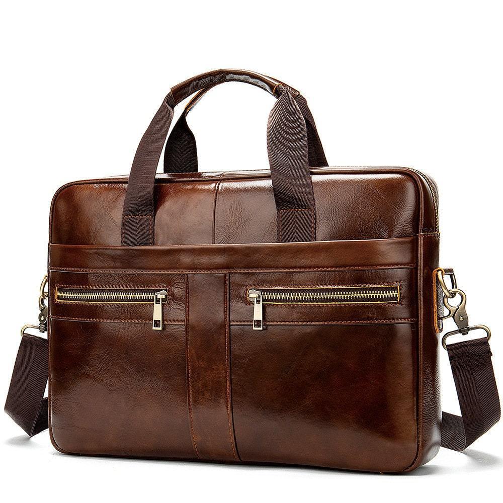 Brown leather shoulder laptop bag with front zip pockets and detachable strap