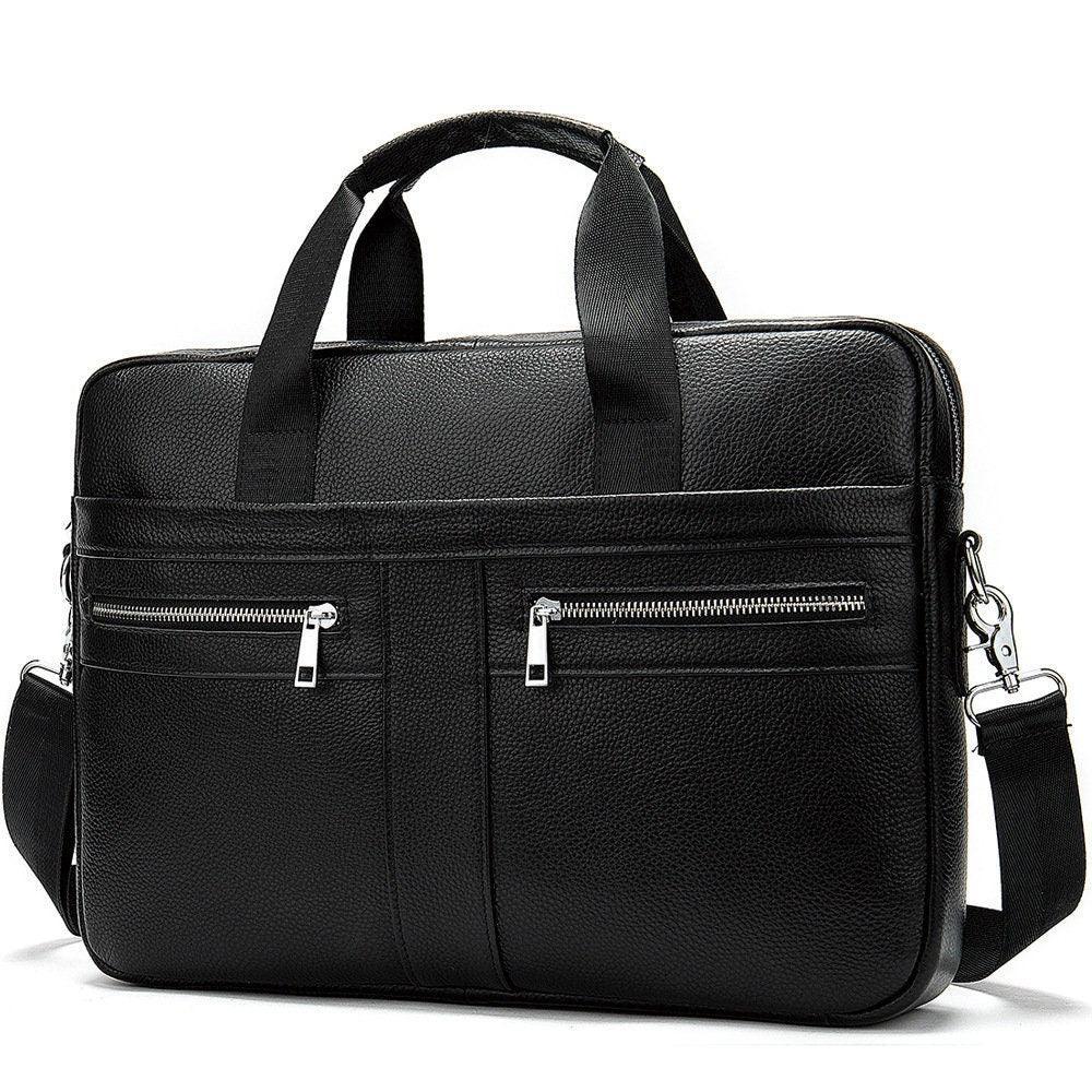 Black leather shoulder laptop bag with dual top handles, two front zip pockets, and adjustable strap