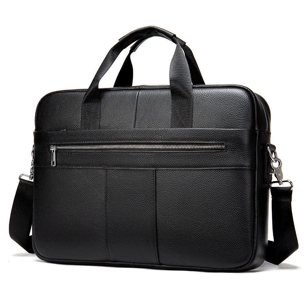 Black leather shoulder laptop bag with top handles, front zipper pocket, and detachable strap