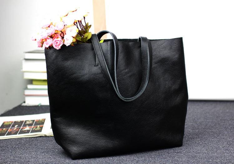 Leather Tote Bag, Full Grain Leather Large Tote Bag, Valentine gifts, Black - Alexel Crafts