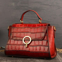 Medium leather minimal Box shoulder bag, Crocodile square bag, Handcrafted crossbody bag, gift for women, everyday bag, Red/Brown