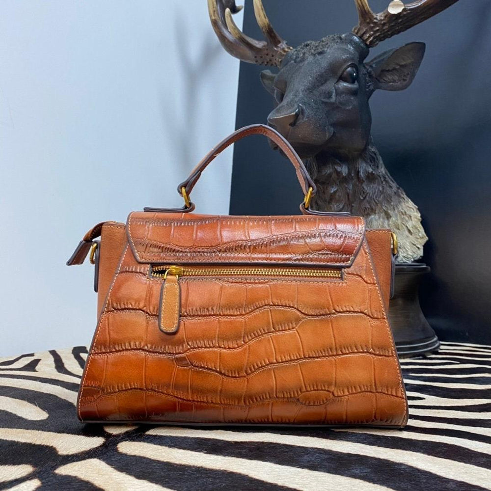 Medium leather minimal Box shoulder bag, Crocodile square bag, Handcrafted crossbody bag, gift for women, everyday bag, Red/Brown