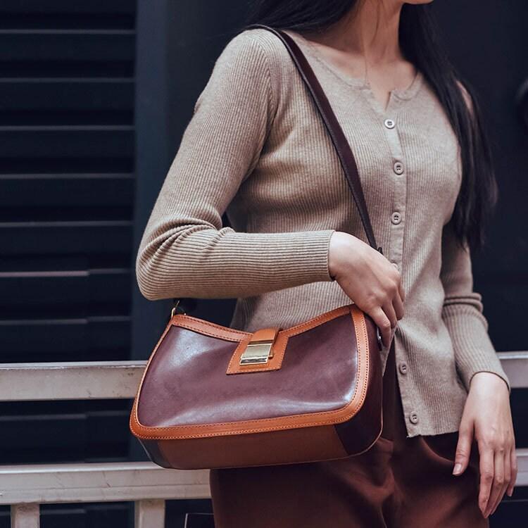 Minimalist Contrast Colour Leather Shoulder Bag, Retro Handcrafted Women's Bag, Women Tote Bag Aesthetic Simple, Birthday Gift