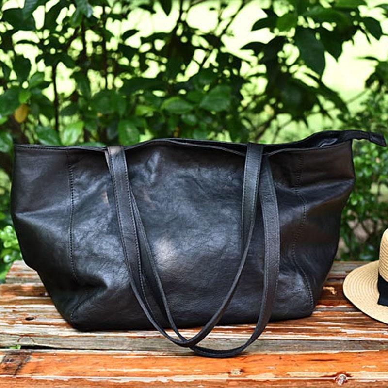 Minimalist Full Grain Leather Tote Bag, Casual Distressed Leather Bag, Large Shopper Bag Leather Slouchy Chic Shoulder Bag Christmas Gift