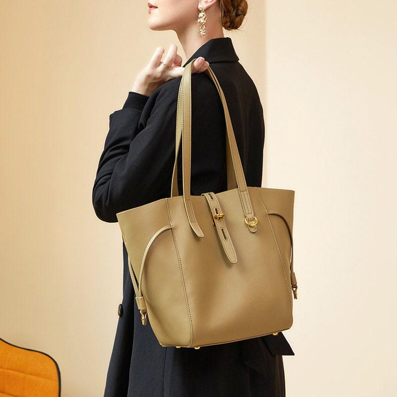 Minimalist Genuine Leather Bucket Bag, Classic Leather Tote Bag, Fashion Designer Shoulder Bucket Bag, Black, Apricot, Blue, Gift For Her