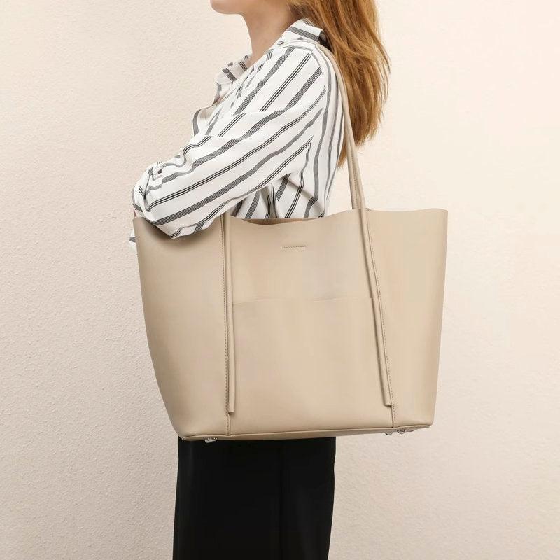 Minimalist Genuine Leather Tote, Large Handbag, Top Handle Purse, Soft Leather Black Purse, Beige Leather Weekday Bag, Everyday Bag