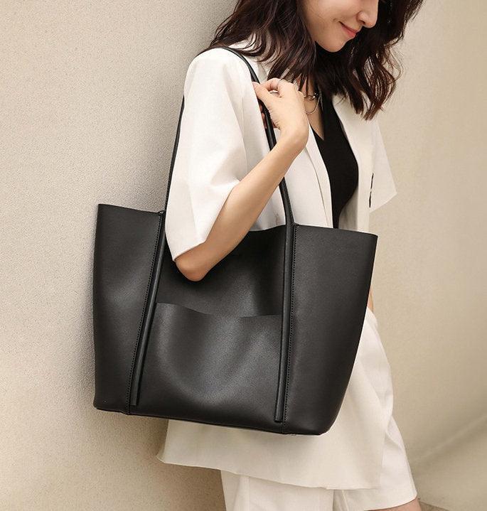 Minimalist Genuine Leather Tote, Large Handbag, Top Handle Purse, Soft Leather Black Purse, Beige Leather Weekday Bag, Everyday Bag,black