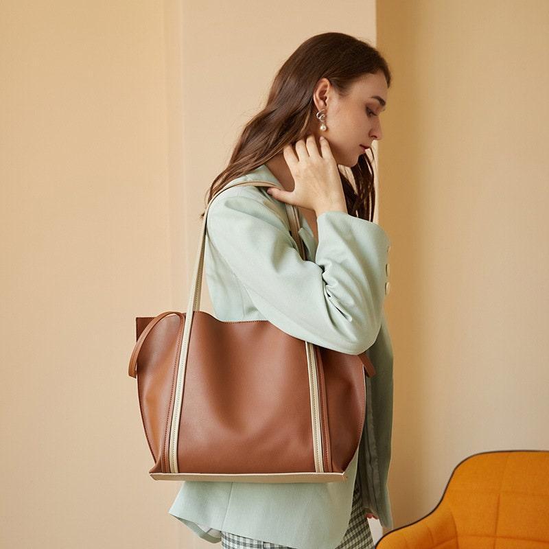 Minimalist Genuine Leather Tote, women reverse bag, top handle purse, leather purse, leather bucket bag, gift for her, Everyday Bag