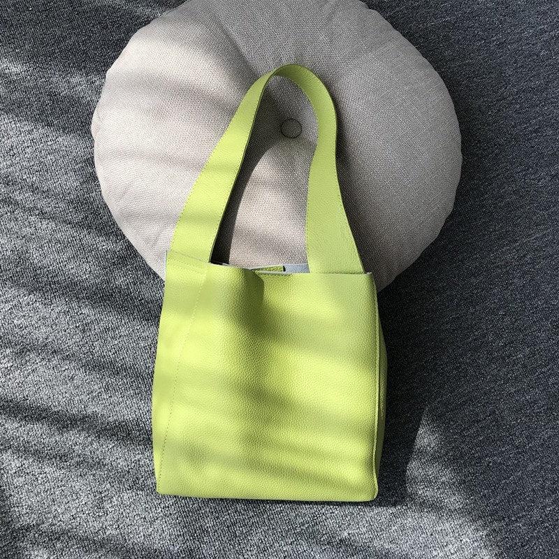 Minimalist Leather Bucket Tote Bag, Genuine Leather Versatile Women&#39;s Shoulder Bag, Wide Shoulder Strap Bucket Bag, Fashion Designer Bag, Peach Pink, Lime Green