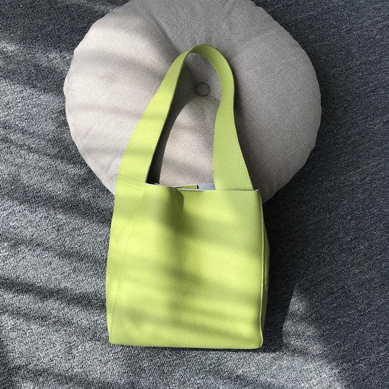 Minimalist Leather Bucket Tote Bag, Genuine Leather Versatile Women's Shoulder Bag, Wide Shoulder Strap Bucket Bag, Fashion Designer Bag, Peach Pink, Lime Green
