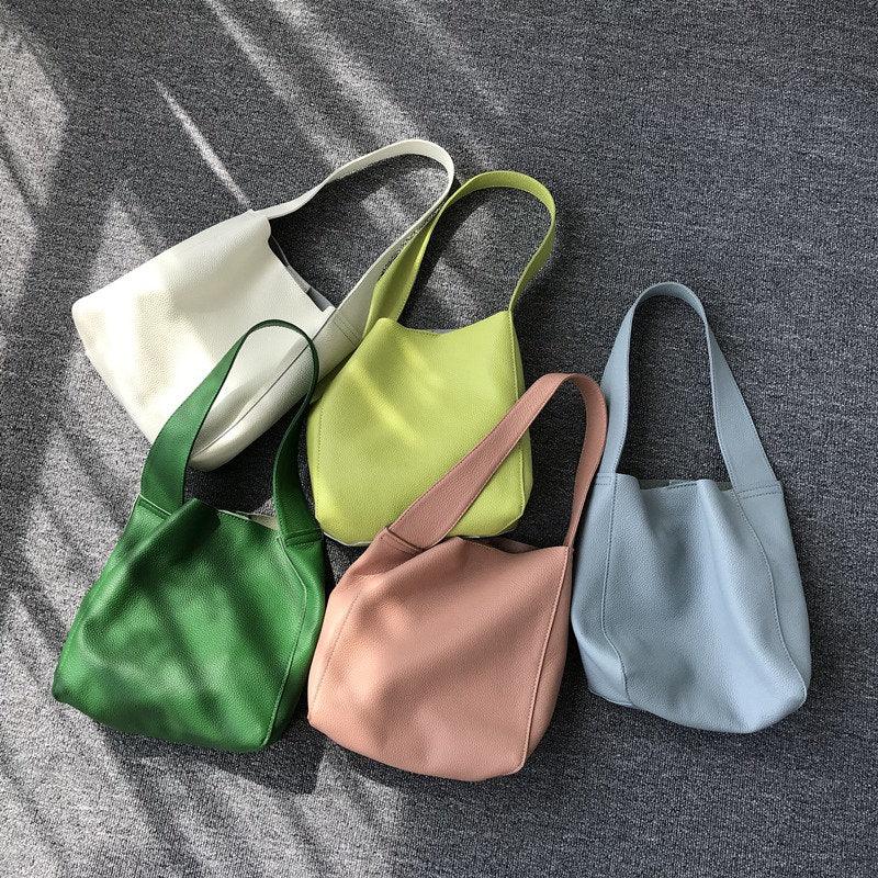 Minimalist Leather Bucket Tote Bag, Genuine Leather Versatile Women&#39;s Shoulder Bag, Wide Shoulder Strap Bucket Bag, Fashion Designer Bag
