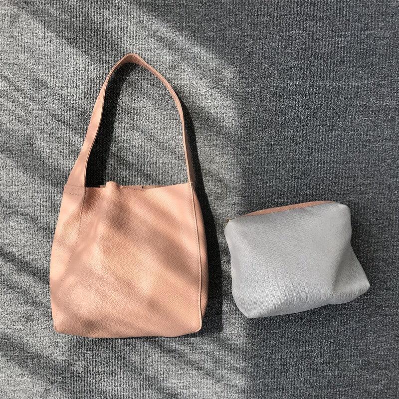 Minimalist Leather Bucket Tote Bag, Genuine Leather Versatile Women&#39;s Shoulder Bag, Wide Shoulder Strap Bucket Bag, Fashion Designer Bag, Peach Pink