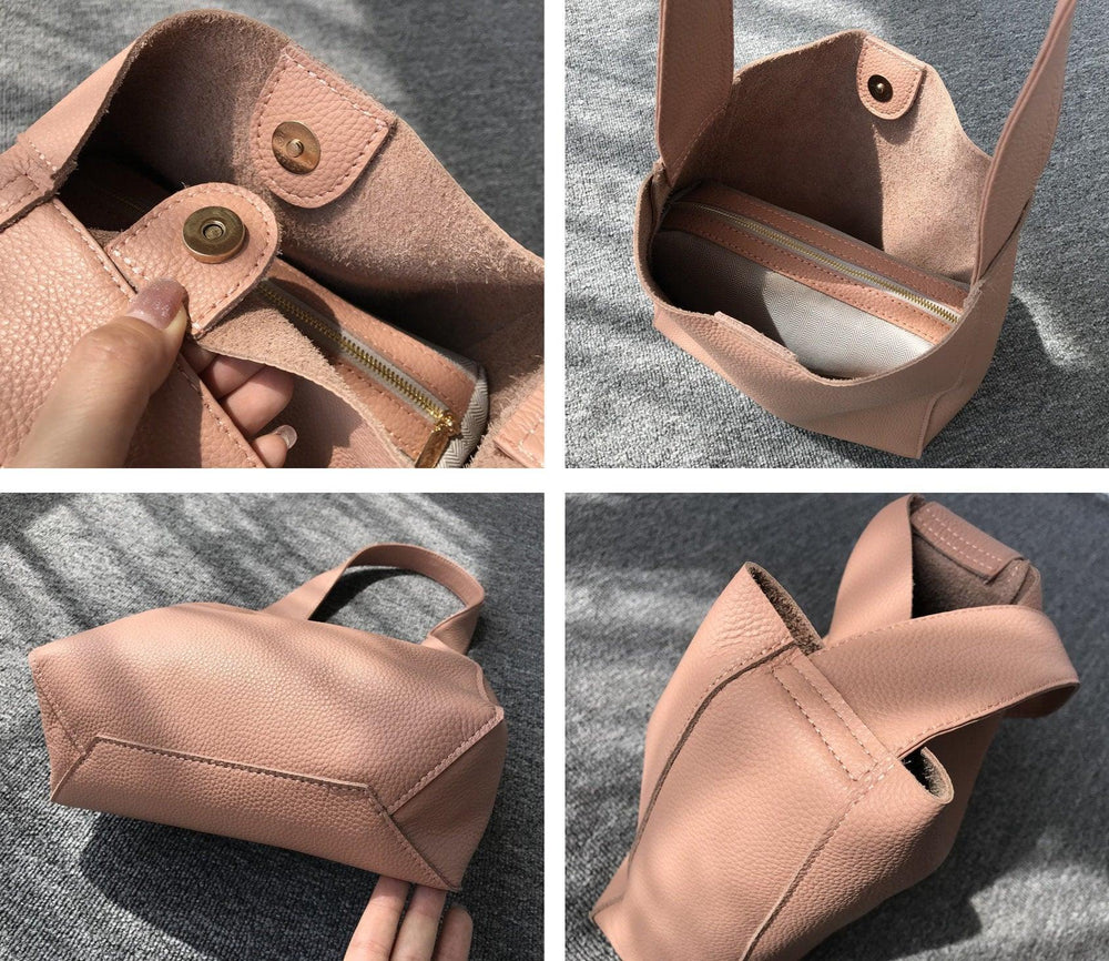 Minimalist Leather Bucket Tote Bag, Genuine Leather Versatile Women's Shoulder Bag, Wide Shoulder Strap Bucket Bag, Fashion Designer Bag, Peach Pink
