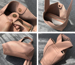 Minimalist Leather Bucket Tote Bag, Genuine Leather Versatile Women&#39;s Shoulder Bag, Wide Shoulder Strap Bucket Bag, Fashion Designer Bag, Peach Pink