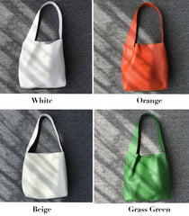 Minimalist Leather Bucket Tote Bag, Genuine Leather Versatile Women&#39;s Shoulder Bag, Wide Shoulder Strap Bucket Bag, Fashion Designer Bag, Peach Pink, White