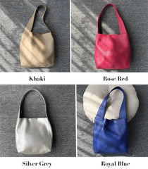 Minimalist Leather Bucket Tote Bag, Genuine Leather Versatile Women&#39;s Shoulder Bag, Wide Shoulder Strap Bucket Bag, Fashion Designer Bag, Peach Pink, Rose Red, Royal Blue