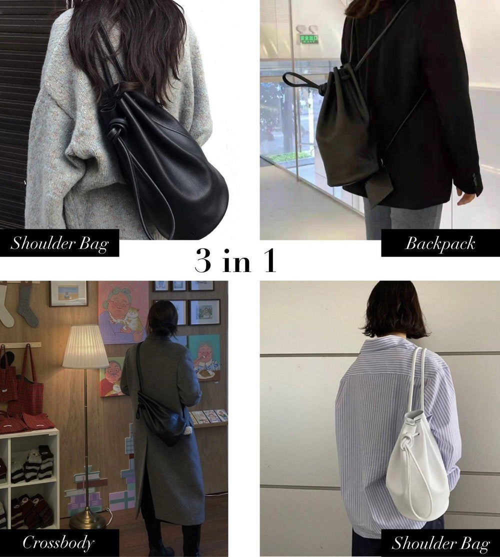 Minimalist Leather Drawstring Bucket Bag, 3 in 1 Cowhide Leather Bucket Backpack, Women Shoulder Bag, Designer Tote Bag, Gift For Her/Him