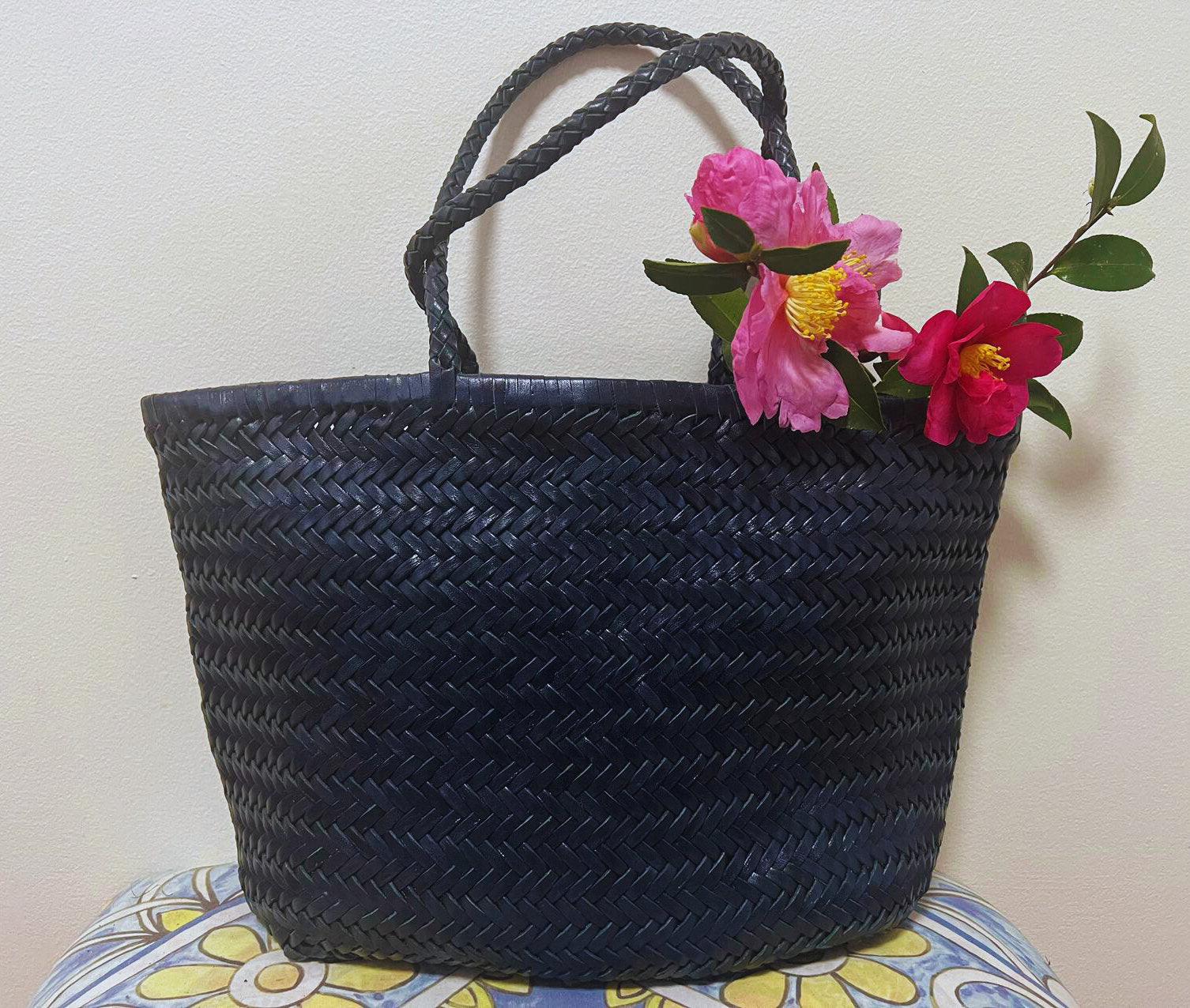 Navy Handcrafted Woven Leather Tote Bag, Full Grain Leather Hand Woven Triple Jump Bamboo Ladies HoBo Bag, Flat Opening Summer Holiday Bag
