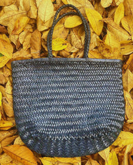 Navy Handcrafted Woven Leather Tote Bag, Full Grain Leather Hand Woven Triple Jump Bamboo Ladies HoBo Bag, Flat Opening Summer Holiday Bag