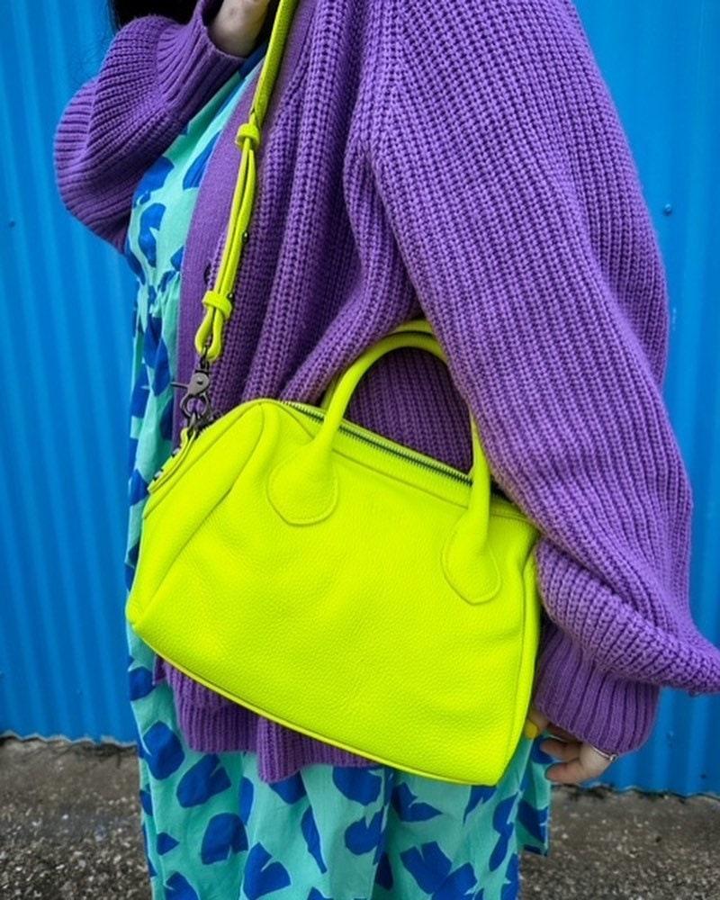 Neon Yellow Italy Grain Leather Boston Bag, Leather Shoulder Bag Yellow, Black, Lady Fashion Crossbody Bag, Minimalist Designer Bag