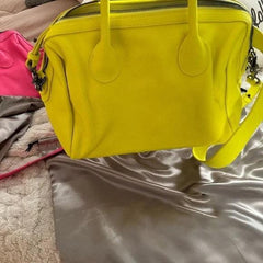 Neon Yellow Italy Grain Leather Boston Bag, Leather Shoulder Bag Yellow, Black, Lady Fashion Crossbody Bag, Minimalist Designer Bag