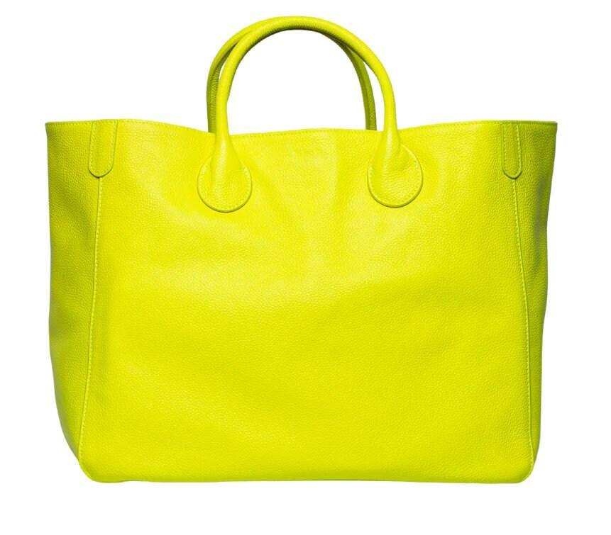 Neon Yellow Large Leather Tote Bag, Cowhide Leather Bag, Must-have Lady Fashion Bag, Weekend Bag, Lady Working Bag, Gift For Her